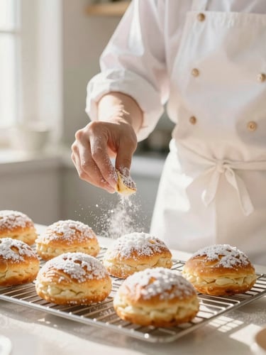 A professional baker in a clean white apron dusting powdered sugar over golden pastries on a wire rack, bright sunlit kitchen background, soft focus, warm amber highlights, 35mm