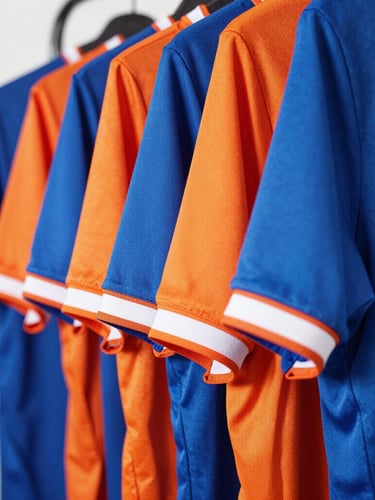 Close-up of vibrant custom athletic jerseys hanging neatly in a row, showcasing high-contrast blue and orange technical fabrics and crisp embroidery.