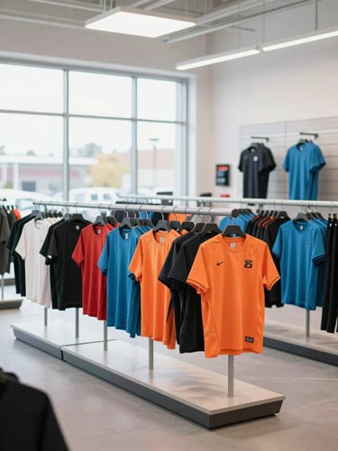 Bright high-key environmental shot of a modern clean sports apparel showroom in Salt Lake City, organized equipment arrays and custom uniforms on display, natural window light