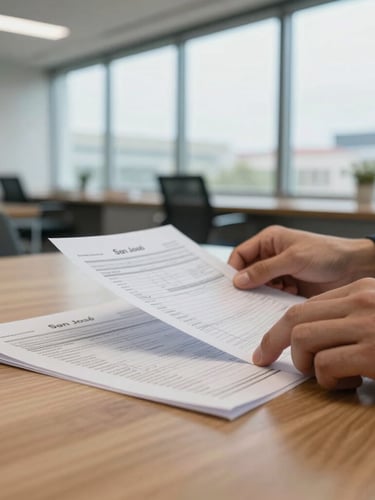 Close-up of hands reviewing physical financial reports on a solid oak table, soft natural daylight filtering through high office windows, clean architectural details of San José in the blurred background.