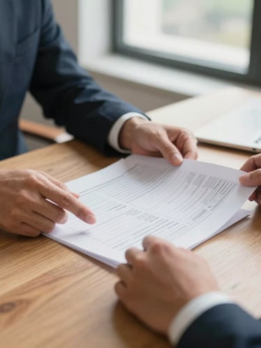 Close-up of hands reviewing physical financial reports on a solid wood table, soft natural daylight from an office window.