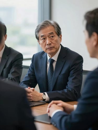 Dignified boardroom interaction, a senior executive listening intently, natural daylight, rich navy suits, authentic and professional.