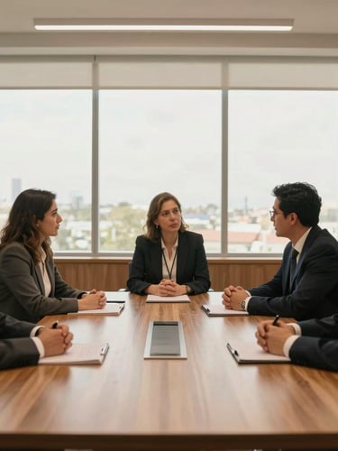 Medium-wide environmental shot of a modern, warm-toned boardroom in San José, professional leaders in thoughtful discussion around a wooden table, soft natural daylight filtering through large windows.