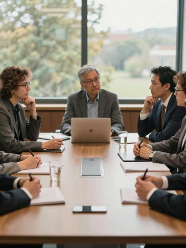 Medium-wide environmental shot of thoughtful leaders in discussion around a slate boardroom table, natural soft daylight filtering through windows, warm corporate aesthetic.