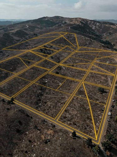 High-altitude drone photography of a raw land parcel with clean technical yellow vector boundary lines overlaid on the terrain, crisp overcast daylight