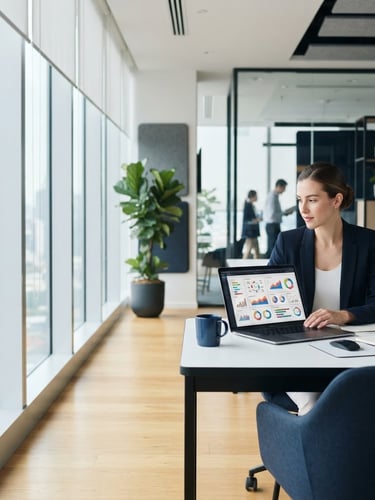 Modern corporate office interior, sleek desk with laptop and marketing data on screen, professional setting, bright natural light, navy and white tones, 35mm, off-center to the right, generous negative space on the left