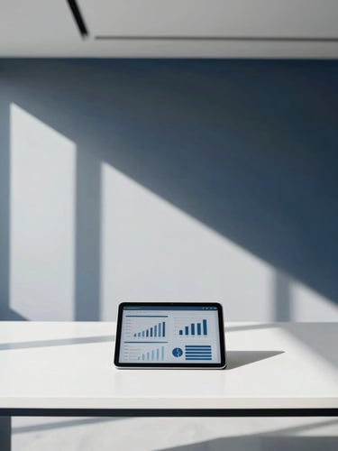 Minimalist modern office in Milan, clean desk with tablet showing business charts, sharp geometric architectural shadows, cool natural daylight, 35mm lens
