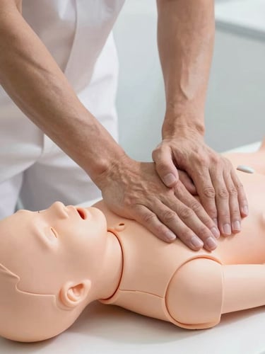 Close-up of hands demonstrating the Heimlich maneuver on a pediatric training manikin, bright clinical studio lighting, clean white background.