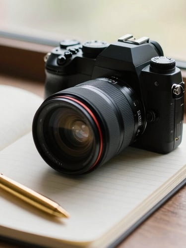 A sleek camera setup on an overhead desk with a notebook and gold pen, warm natural window light, shallow depth of field, 35mm