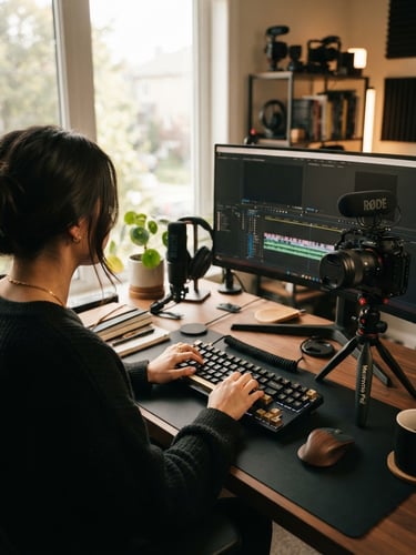 An over-the-shoulder shot of a modern content creator's desk, natural window light, hands on a mechanical keyboard, a professional camera on a small tripod to the side, shallow depth of field, 35mm.