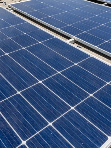 Overhead flat-lay of blue monocrystalline silicon solar cells in bright direct sunlight with sharp geometric shadows, technical grid lines visible