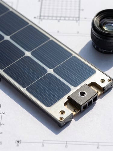 Overhead technical flat-lay of silicon solar cells and connection ports on a blueprint background, bright direct sunlight, sharp geometric shadows