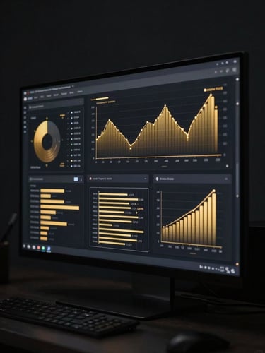 Sleek dark-mode software interface glowing with gold data visualization charts on a premium display, 35mm lens, dramatic low-key lighting