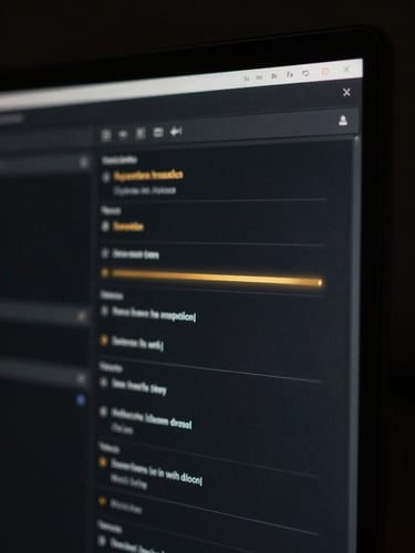 Macro close-up of a high-end dark-mode software interface glowing on a premium display with subtle gold light leaks, dramatic chiaroscuro lighting, 35mm lens.