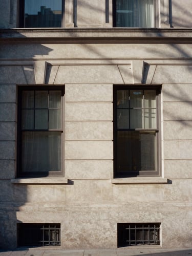 Sober editorial photography of a classical Manhattan stone facade with deep shadows and soft morning light, 35mm film, muted warm charcoal and cream tones