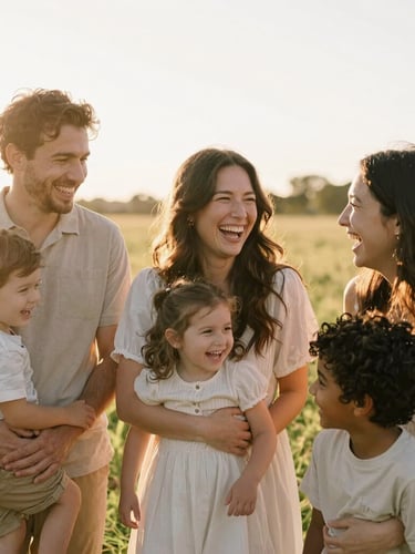 Candid medium shot of a diverse family laughing together in a sun-drenched meadow, warm golden-hour backlighting, soft focus, 35mm lens