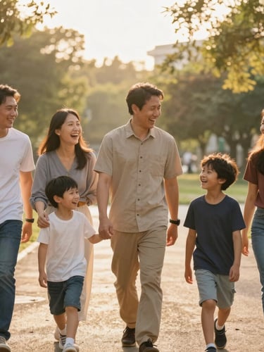 A diverse family laughing and walking together through a sunlit park, warm golden-hour backlighting, authentic expressions, 35mm lens