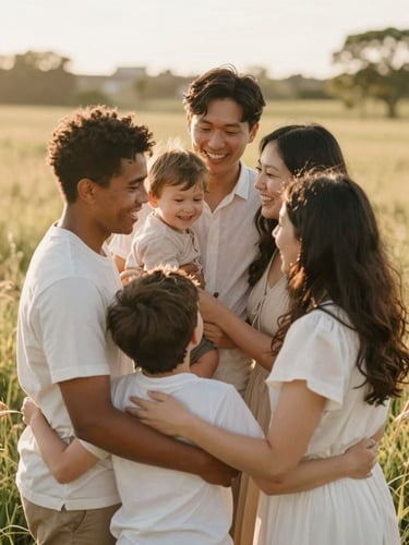 Candid medium shot of a diverse, joyful family embracing in a warm, sun-drenched meadow, golden-hour natural light, soft focus, 35mm lens
