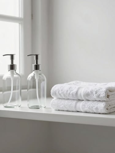 A straight-on eye-level view of a minimalist bathroom shelf holding unbranded glass dispensers and neatly folded white cotton towels, soft natural window light, clean geometric lines.