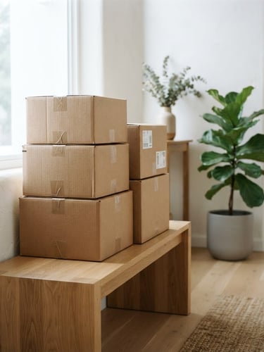 Soft natural daylight illuminating a minimal home entryway, a neatly stacked pile of unbranded cardboard shipping boxes on a clean wooden bench, a green potted leaf in the background, sharp focus.