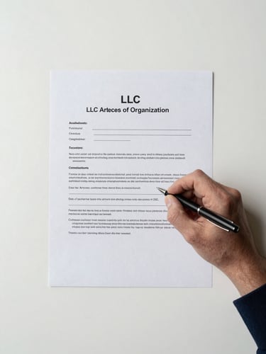 Overhead flat-lay of an LLC Articles of Organization document on a clean white desk, a hand holding a pen mid-signature, cool north-facing daylight, minimal shadows, no background clutter