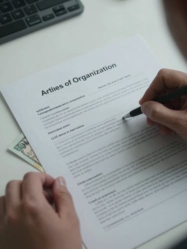 Close-up overhead view of an official LLC Articles of Organization document on a clean desk, hands positioning it precisely, cool studio lighting, foreign currency note partially visible at the edge