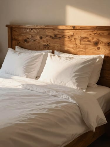 Warm editorial photography of a cozy hotel room with rustic wooden headboard, crisp white linens, soft morning light, elegant Romanian details