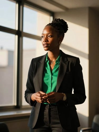 Active mid-shot of Elena in professional attire, speaking at a digital health forum, warm West African sunlight streaming through windows, editorial style.