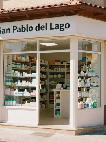 Bright natural daylight photo of a clean pharmacy storefront corner in San Pablo del Lago, warm welcoming atmosphere, 35mm