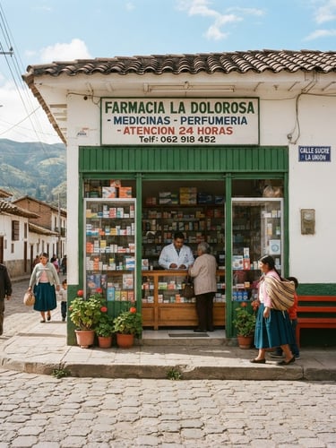 Wide shot of Farmacia La Dolorosa storefront on Calle Sucre y La Unión in San Pablo del Lago, Ecuador, bright natural daylight, warm community photography, pharmacist visible inside, local residents walking by, 35mm