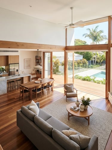 Wide shot of a modern, open-plan living room with natural light, timber flooring, and clean architectural lines, seen from a high angle, warm Australian daylight, off-center subject.