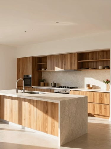Bright, sun-drenched architectural interior, modern kitchen with timber accents and stone benchtops, wide-angle shot, clean lines, warm Australian daylight.