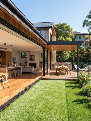 Wide shot of a luxury renovated Australian home, featuring a seamless indoor-outdoor transition to a modern deck and lush artificial grass, bright natural daylight, clean architectural lines.