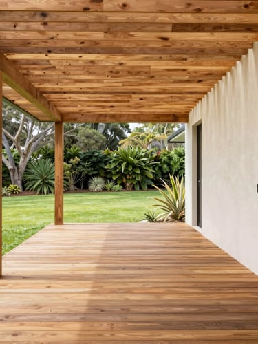 Bright architectural photo of a modern timber deck with an integrated pergola, leading to a lush green lawn, warm Australian daylight, clean horizontal lines.