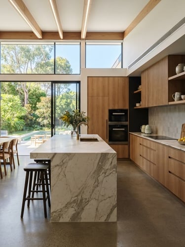 Wide shot of a modern luxury kitchen with stone benchtops, integrated appliances, and warm timber accents, bathed in bright Australian daylight, architectural perspective, sharp focus.