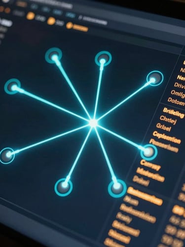 Extreme close-up of a dark-themed technical UI showing real-time neural network bidding nodes, glowing electric-cyan lines, and amber performance indicators on an obsidian screen.