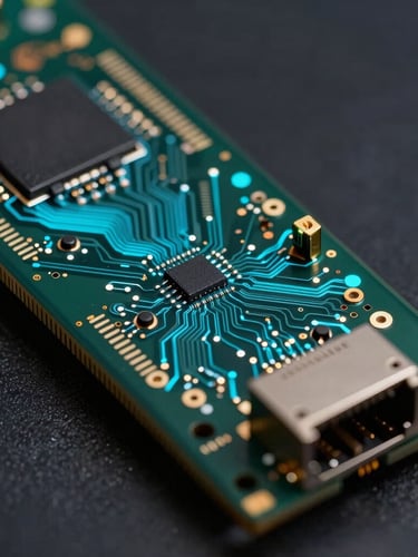 Macro close-up of a high-performance network interface card, glowing electric-cyan circuits, dark obsidian background, sharp focus