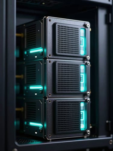 Macro close-up of high-performance server hardware in a Dubai data center, low-key contrast studio lighting with sharp neon cyan laser accents reflecting off dark metallic surfaces.