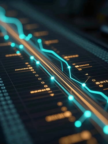 Abstract dark-themed data visualization of a real-time bidding stream, glowing cyan nodes and amber data paths, high-contrast studio lighting