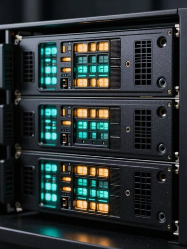 Extreme close-up of high-performance server rack hardware, glowing electric-cyan and amber telemetry lights, dark obsidian finish, low-key contrast studio lighting