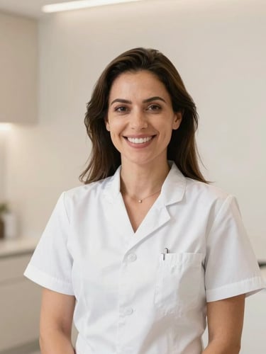 Professional portrait of a female dentist, Dra. Mylena, smiling warmly in a bright, modern, minimalist boutique office setting, soft daylight