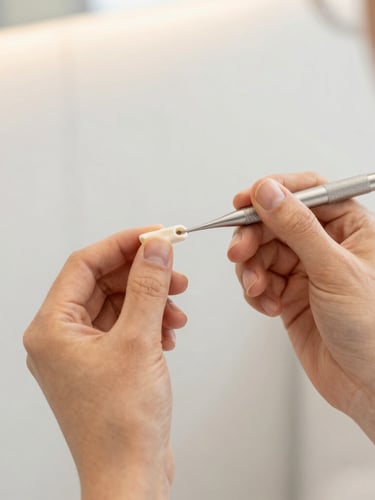 Close-up of a dentist's hands holding a delicate ceramic restoration tool under warm, soft daylight. Clean minimalist marble background, professional and serene atmosphere.