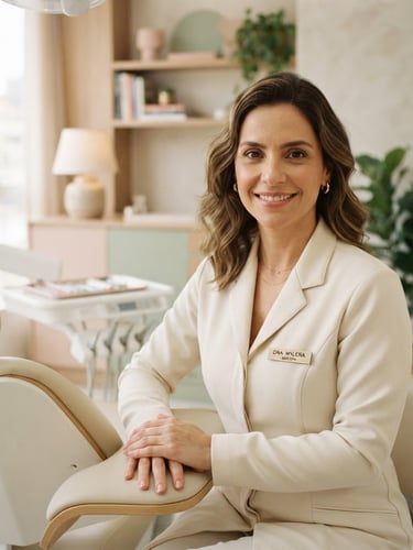 A warm editorial portrait of a female dentist, Dra. Mylena, smiling gently in a soft-lit boutique clinic. Natural daylight, pastel tones, elegant and professional atmosphere, 35mm photography.