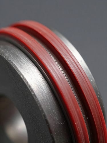 Extreme close-up macro of a PU hydraulic piston seal cross-section on a matte steel surface—seal lip detail and tolerance markings visible, north-facing workshop daylight, charcoal background, saturated red rubber compound, no people, no text