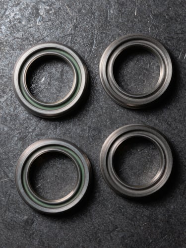 Overhead flat-lay of three oil seals arranged on a dark metal surface, lip geometry and inner bore dimensions clearly visible, sharp studio strobe lighting, no gloss, industrial documentary framing