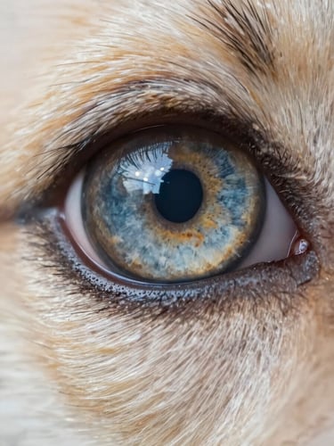 Extreme macro close-up of a dog's eye, iris detail sharp and vivid, pupil perfectly centered, bright even clinical studio lighting, no shadows across the cornea, shallow depth of field isolating the iris texture