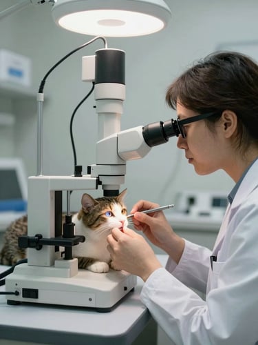 Veterinarian operating a slit-lamp biomicroscope during a feline eye examination, clinical room with bright even overhead lighting, instrument illuminating the cat's anterior segment, medium shot from the side showing the equipment in active use
