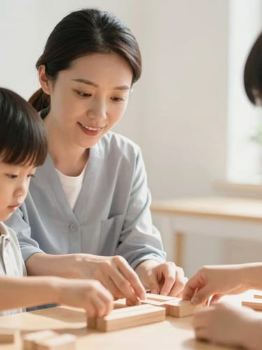 A professional educator at eye level with a young child, guiding their hands on tactile wooden blocks in a bright room with natural diffused daylight, warm editorial style