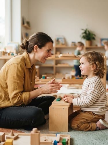 Warm editorial photography, bright natural daylight, an educator interacting with a young child at eye level in a structured classroom, shallow depth of field.