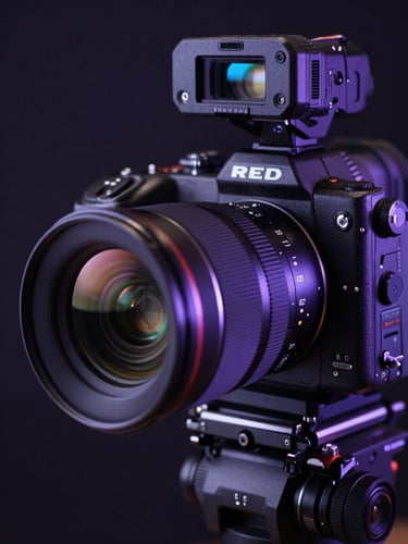 Cinematic close-up of a high-end RED camera lens on a dark studio set, reflecting deep purple and vibrant blue neon lights, shallow depth of field, premium production gear.